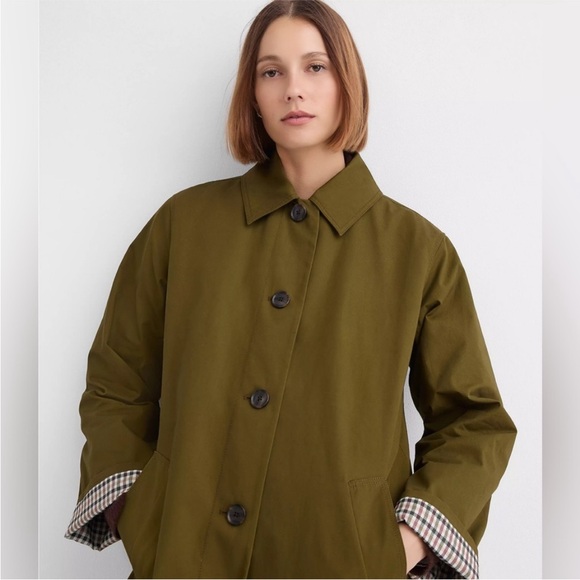 LOFT Olive Green Trench Coat with Plaid Lining - Picture 3 of 9